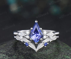 Kite cut tanzanite engagement ring set sapphire moissanite vintage 14k white gold ring leaf nature inspired wedding band bridal set gift