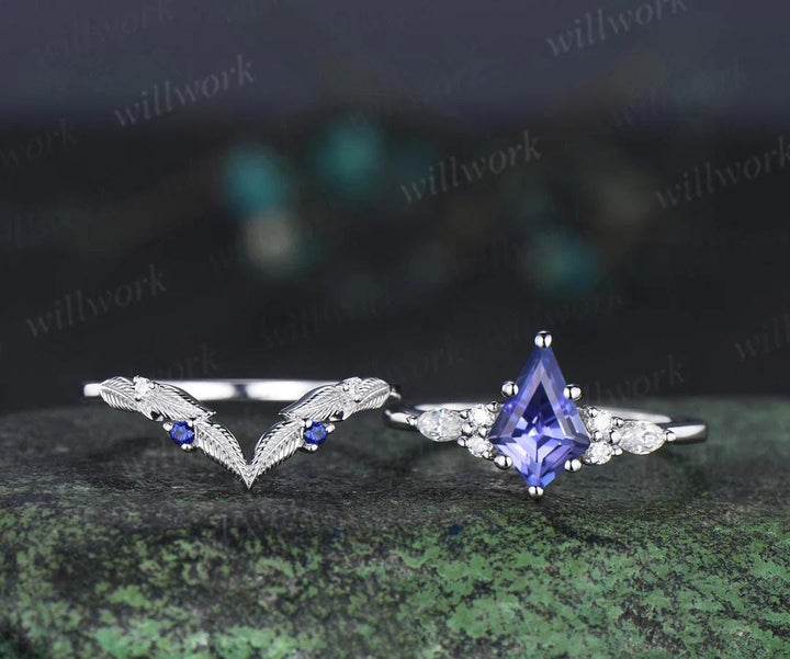Kite cut tanzanite engagement ring set sapphire moissanite vintage 14k white gold ring leaf nature inspired wedding band bridal set gift