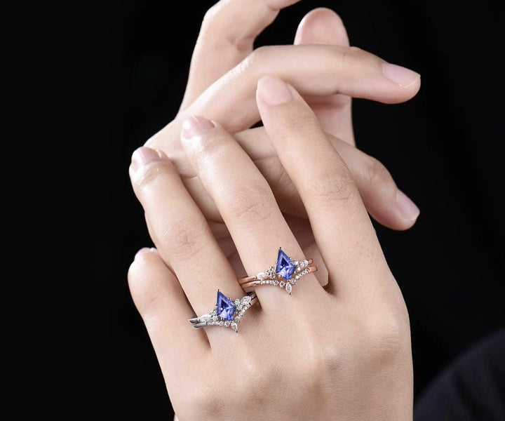 Kite cut natural tanzanite engagement ring set 14k rose gold marquise cut diamond ring women unique bridal wedding ring set gift
