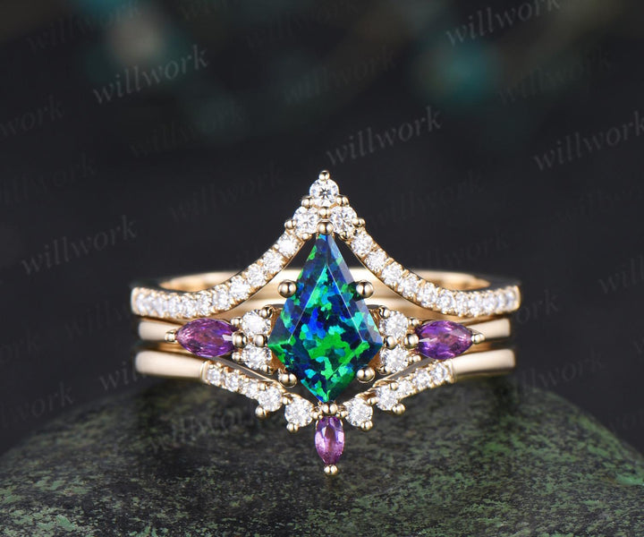 3pcs kite cut black opal engagement ring set 14k yellow gold amethyst moissanite unique stacking wedding bridal ring set women jewelry