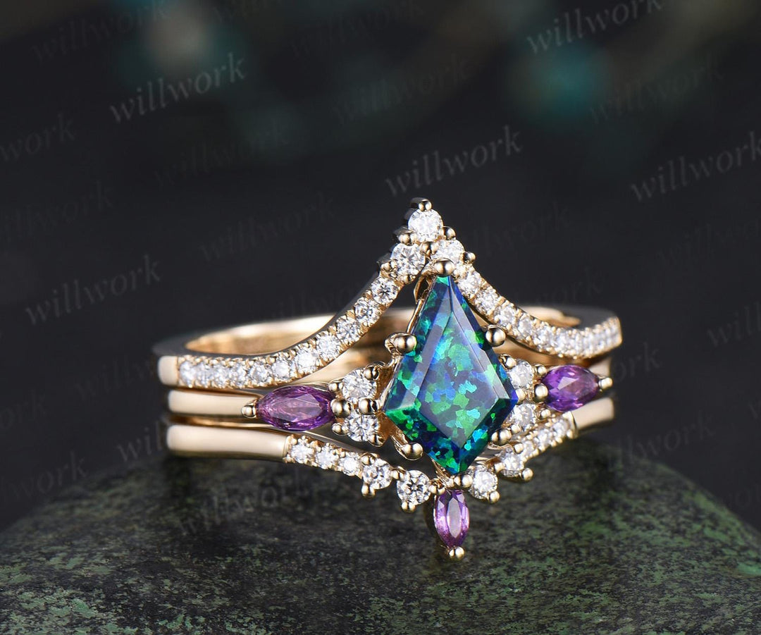 3pcs kite cut black opal engagement ring set 14k yellow gold amethyst moissanite unique stacking wedding bridal ring set women jewelry