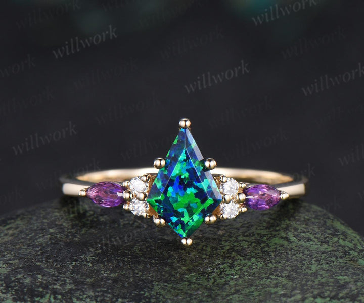 3pcs kite cut black opal engagement ring set 14k yellow gold amethyst moissanite unique stacking wedding bridal ring set women jewelry