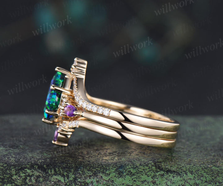 3pcs kite cut black opal engagement ring set 14k yellow gold amethyst moissanite unique stacking wedding bridal ring set women jewelry