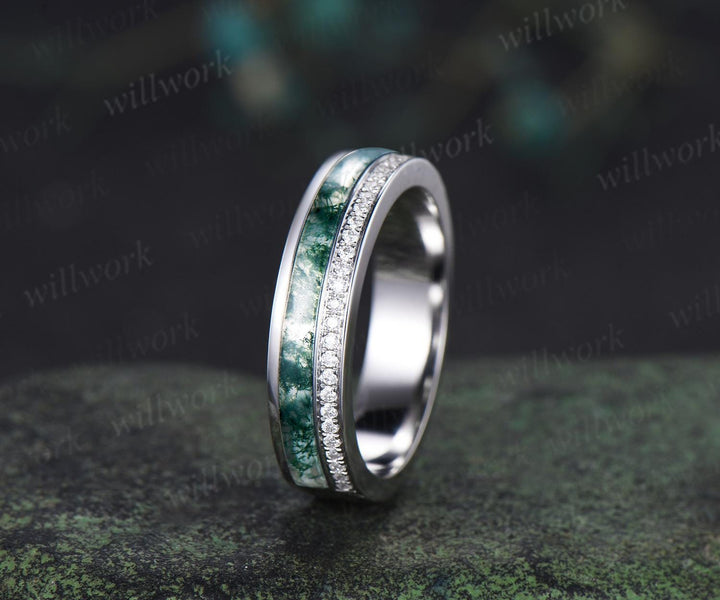 Half eternity natural moss agate wedding band men white gold handmade moissanite ring stacking band