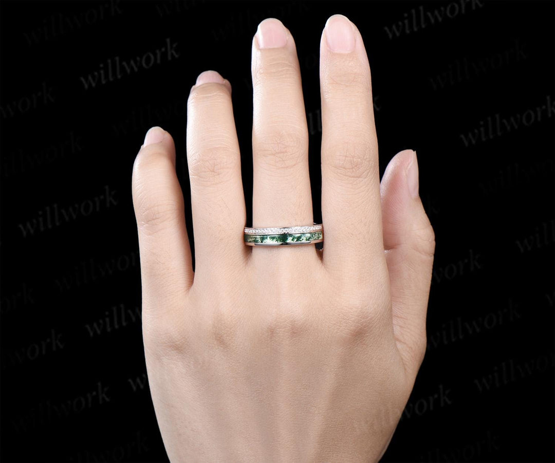 Half eternity natural moss agate wedding band men white gold handmade moissanite ring stacking band