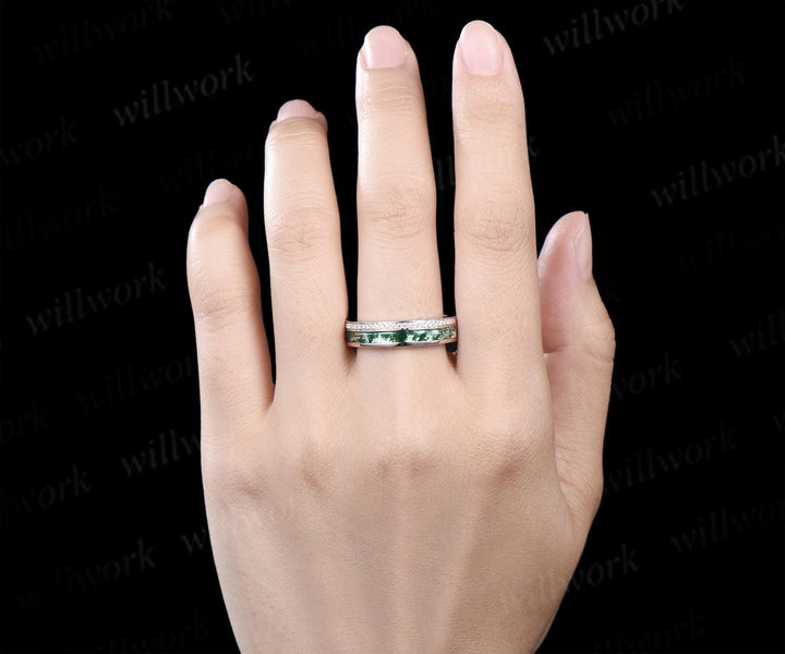 Half eternity natural moss agate wedding band men white gold handmade moissanite ring stacking band