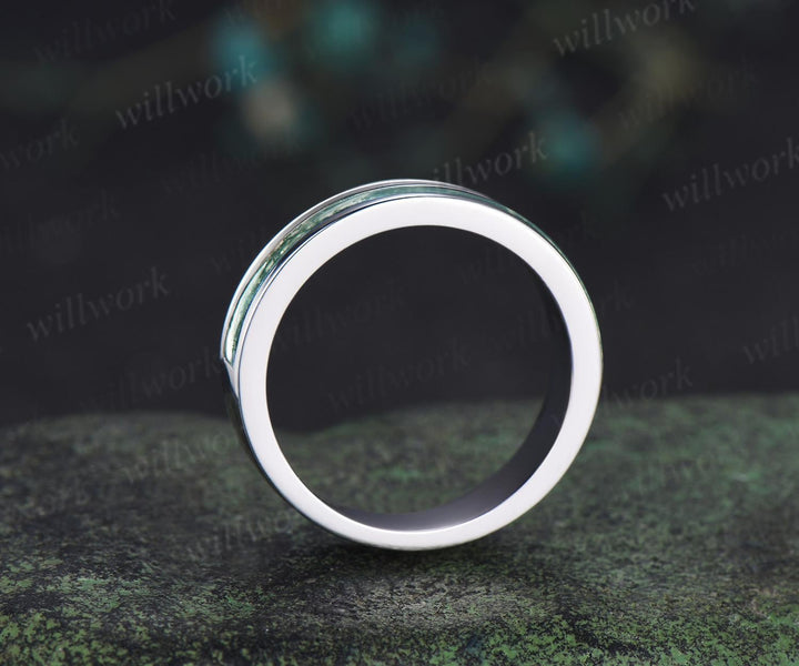 Half eternity natural moss agate wedding band men white gold handmade moissanite ring stacking band