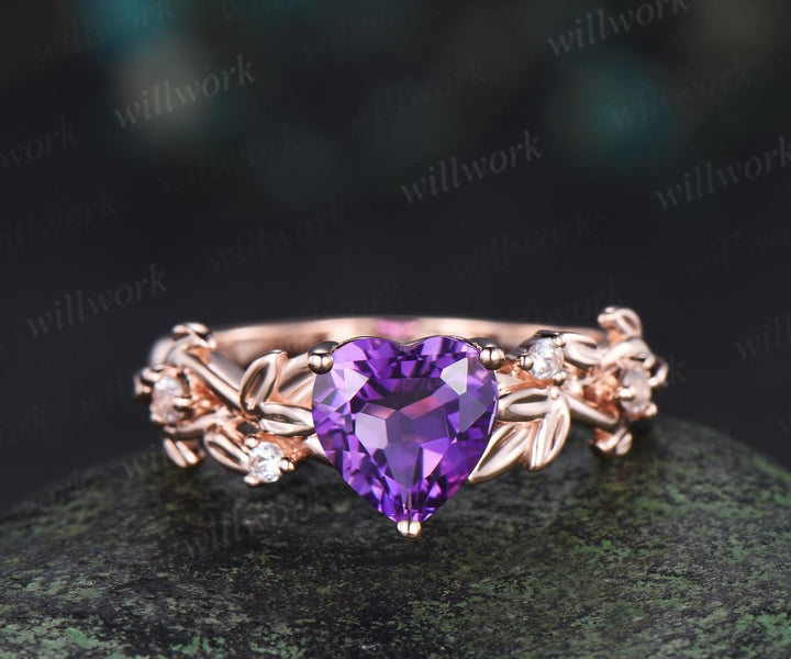 Heart shaped purple amethyst ring rose gold infinity cross leaf nature inspired engagement ring art deco diamond anniversary ring gift