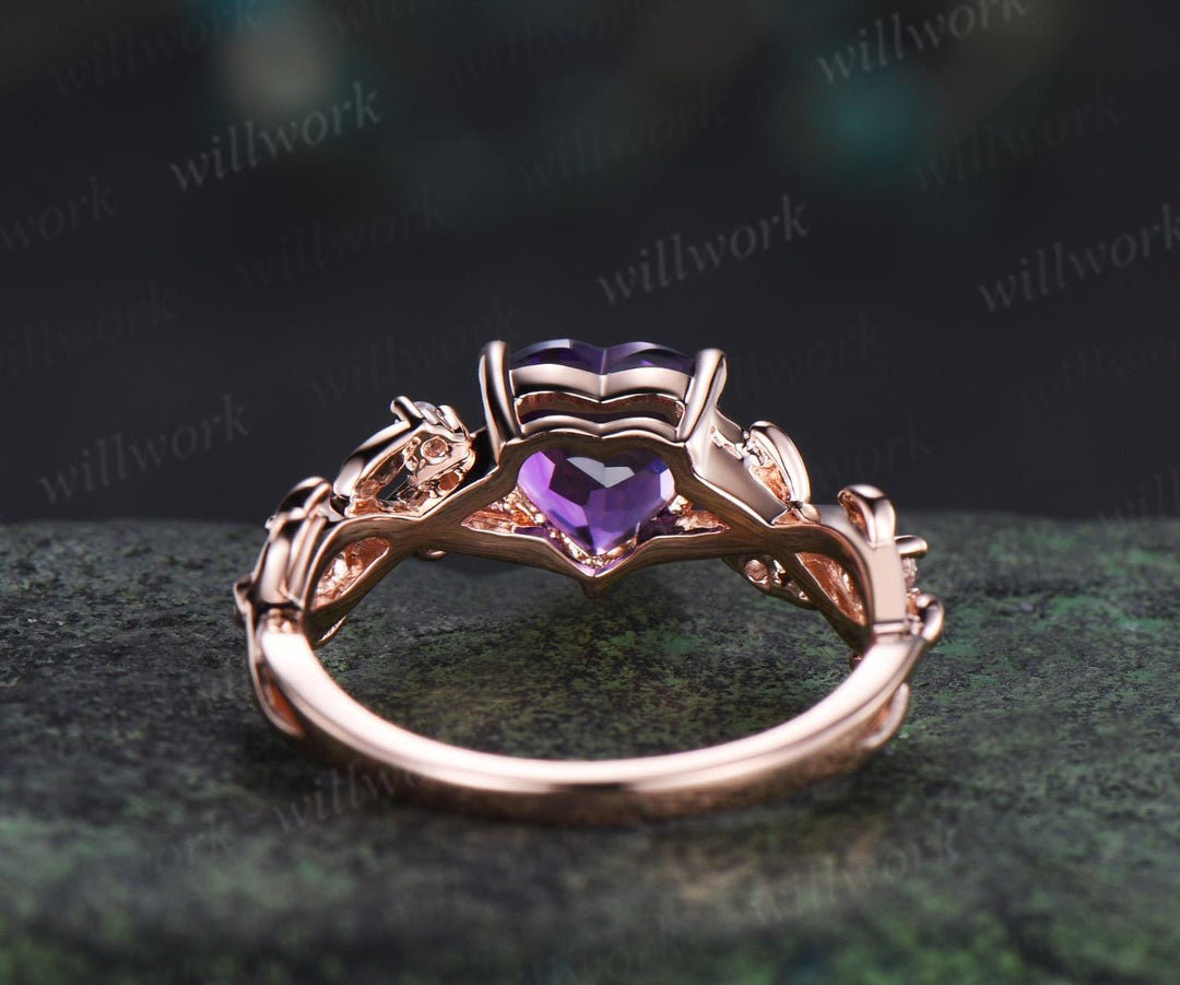 Heart shaped purple amethyst ring rose gold infinity cross leaf nature inspired engagement ring art deco diamond anniversary ring gift
