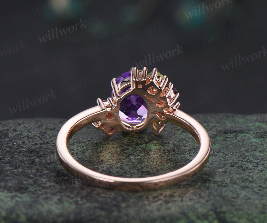Oval cut purple amethyst engagement ring 14k rose gold cluster peridot ring women anniversary gift for her February birthstone ring silver