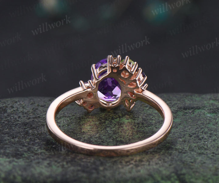 Oval cut purple amethyst engagement ring 14k rose gold cluster peridot ring women anniversary gift for her February birthstone ring silver