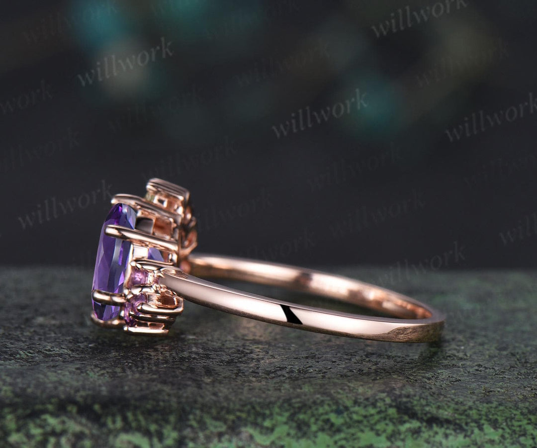 Oval cut purple amethyst engagement ring 14k rose gold cluster peridot ring women anniversary gift for her February birthstone ring silver