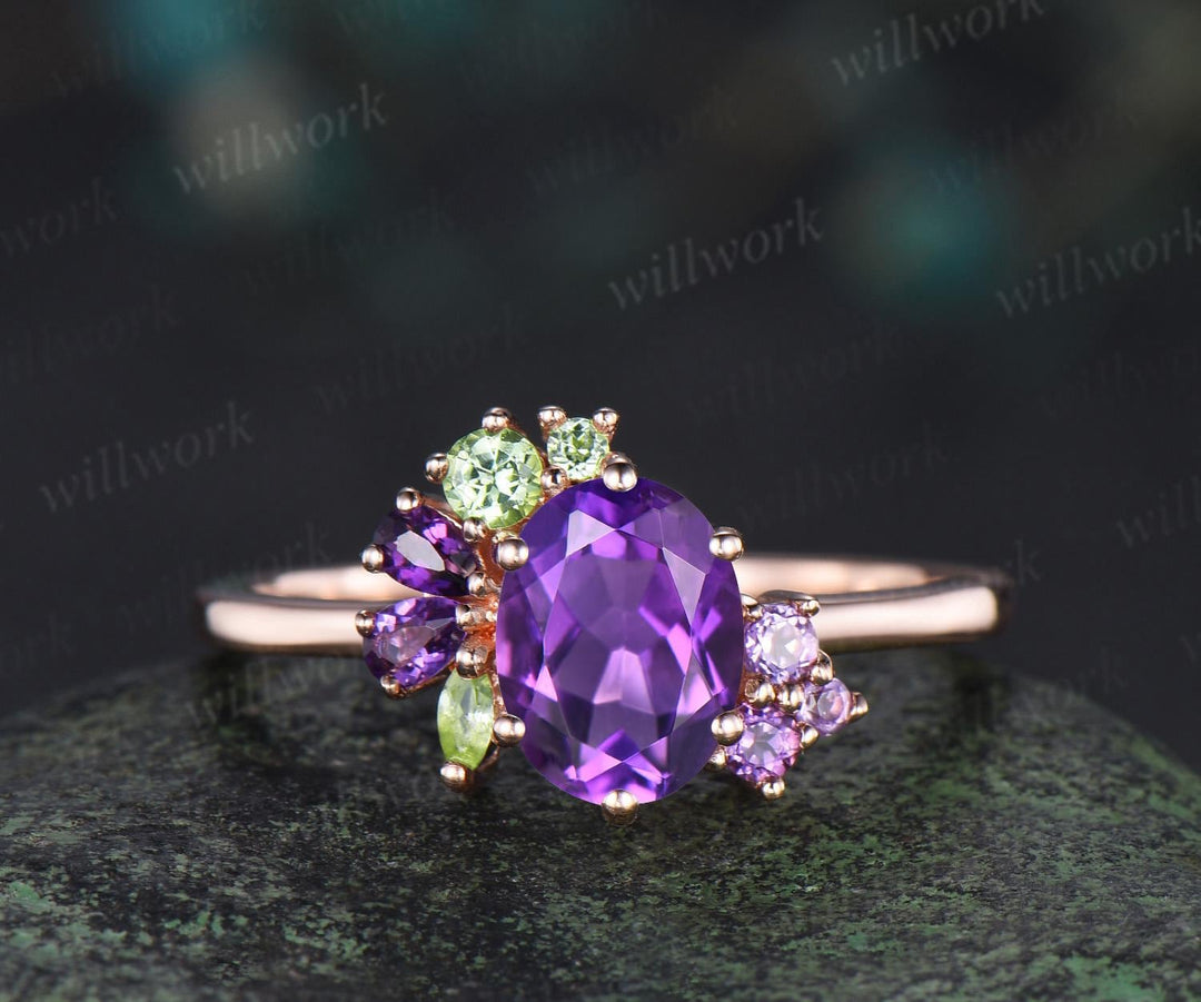 Oval cut purple amethyst engagement ring 14k rose gold cluster peridot ring women anniversary gift for her February birthstone ring silver