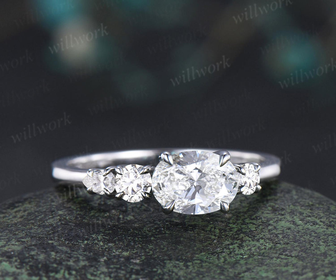 Oval cut lab grown diamond engagement ring 14k white gold Minimalist east to west four stone moissanite wedding promise ring women