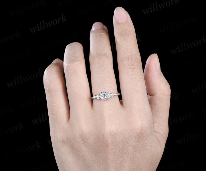 Oval cut lab grown diamond engagement ring 14k white gold Minimalist east to west four stone moissanite wedding promise ring women