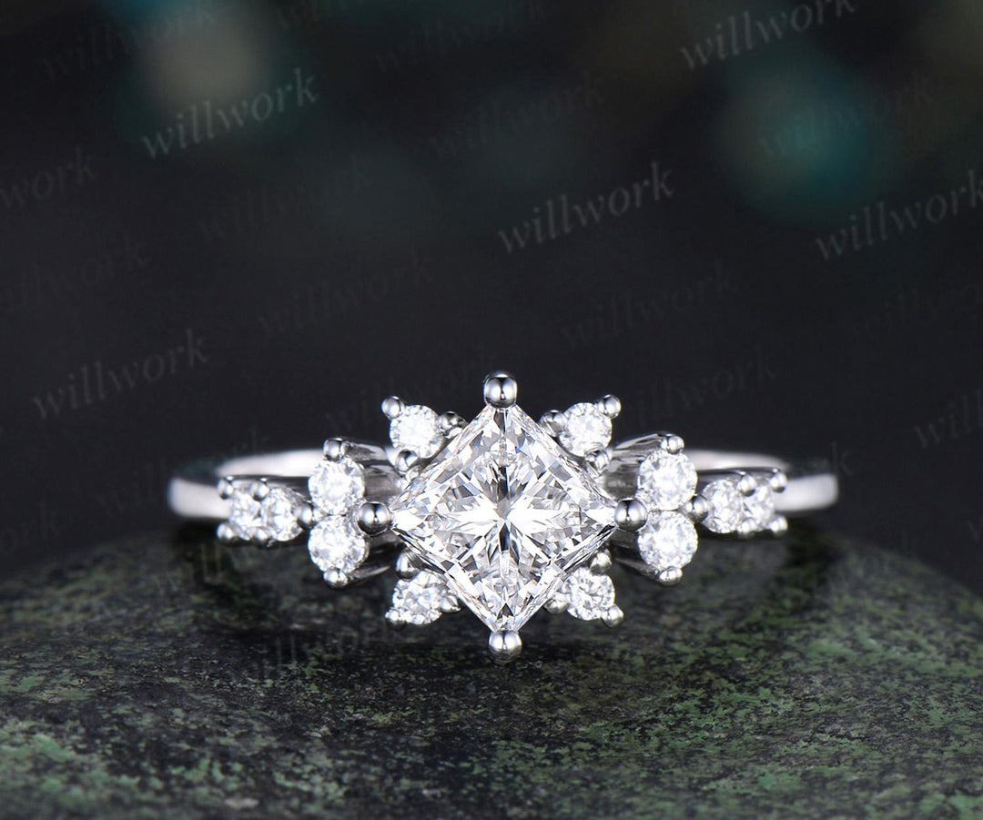 Princess cut lab grown diamond ring white gold cluster unique engagement ring set stacking moissanite bridal promise ring set women