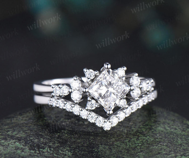 Princess cut lab grown diamond ring white gold cluster unique engagement ring set stacking moissanite bridal promise ring set women