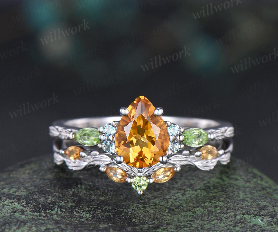 Vintage pear yellow citrine engagement ring set solid 14k white gold alexandrite peridot art deco leaf bridal ring set women
