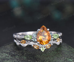 Vintage pear yellow citrine engagement ring set solid 14k white gold alexandrite peridot art deco leaf bridal ring set women