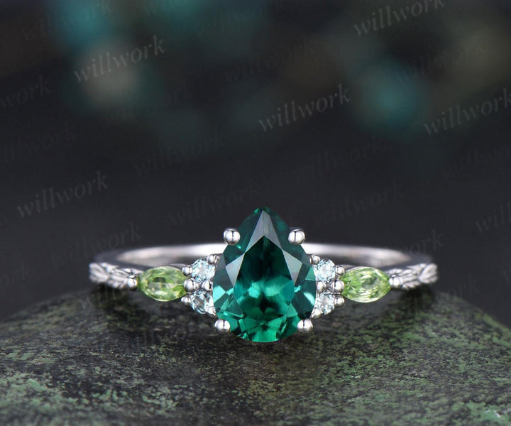 Vintage pear green emerald engagement ring set solid 14k white gold alexandrite peridot citrine art deco leaf wedding ring set women