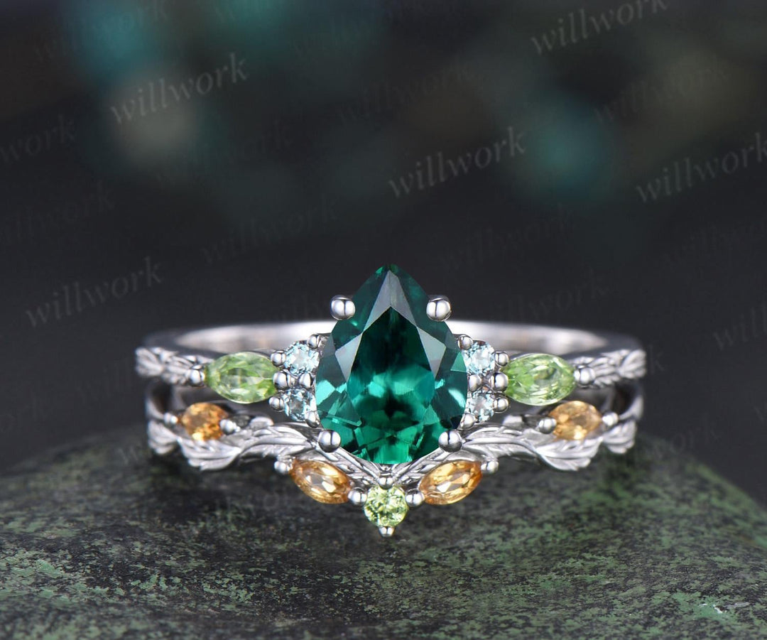 Vintage pear green emerald engagement ring set solid 14k white gold alexandrite peridot citrine art deco leaf wedding ring set women