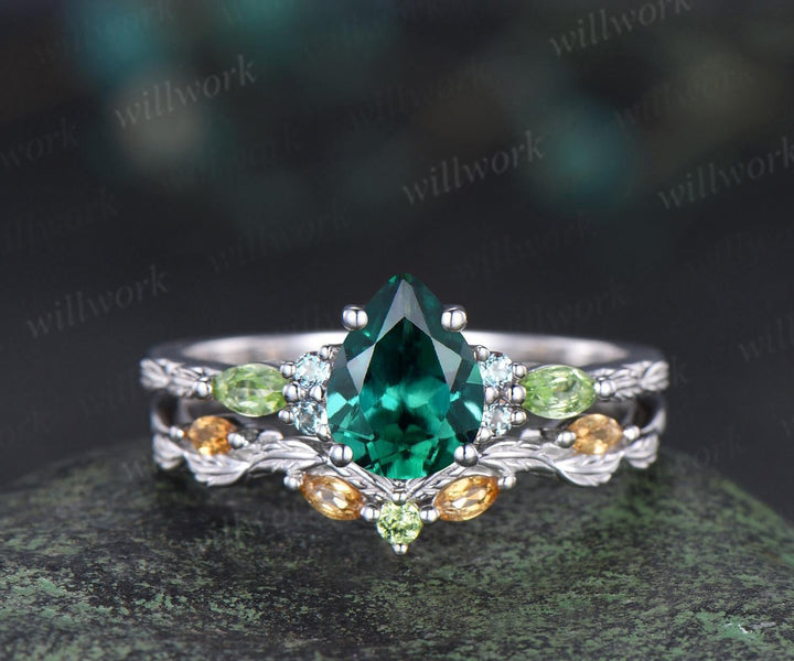 Vintage pear green emerald engagement ring set solid 14k white gold alexandrite peridot citrine art deco leaf wedding ring set women