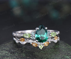 Vintage pear green emerald engagement ring set solid 14k white gold alexandrite peridot citrine art deco leaf wedding ring set women