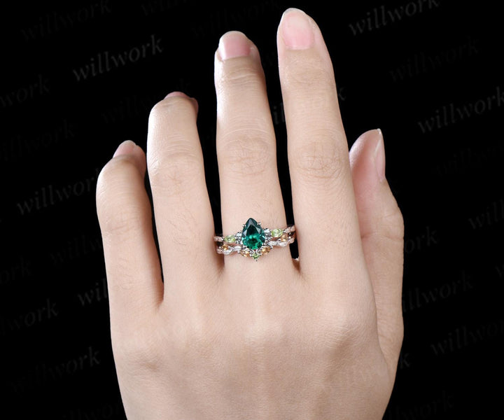 Vintage pear green emerald engagement ring set solid 14k white gold alexandrite peridot citrine art deco leaf wedding ring set women