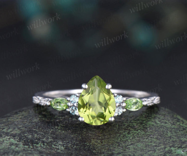 Vintage pear peridot engagement ring set solid 14k white gold alexandrite citrine art deco leaf wedding ring set women silver
