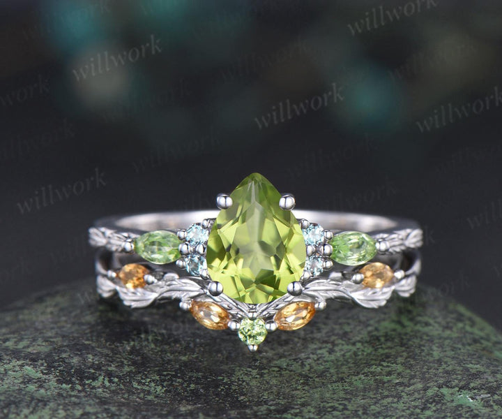 Vintage pear peridot engagement ring set solid 14k white gold alexandrite citrine art deco leaf wedding ring set women silver