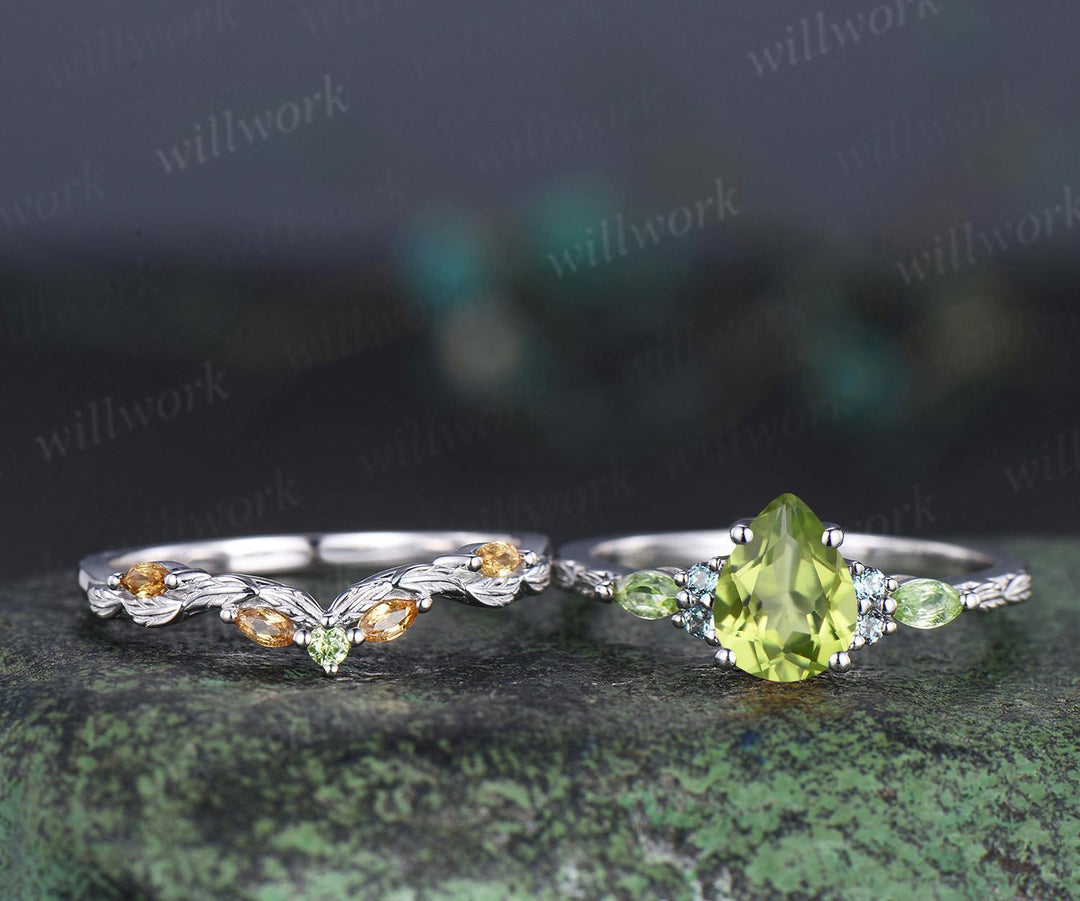 Vintage pear peridot engagement ring set solid 14k white gold alexandrite citrine art deco leaf wedding ring set women silver