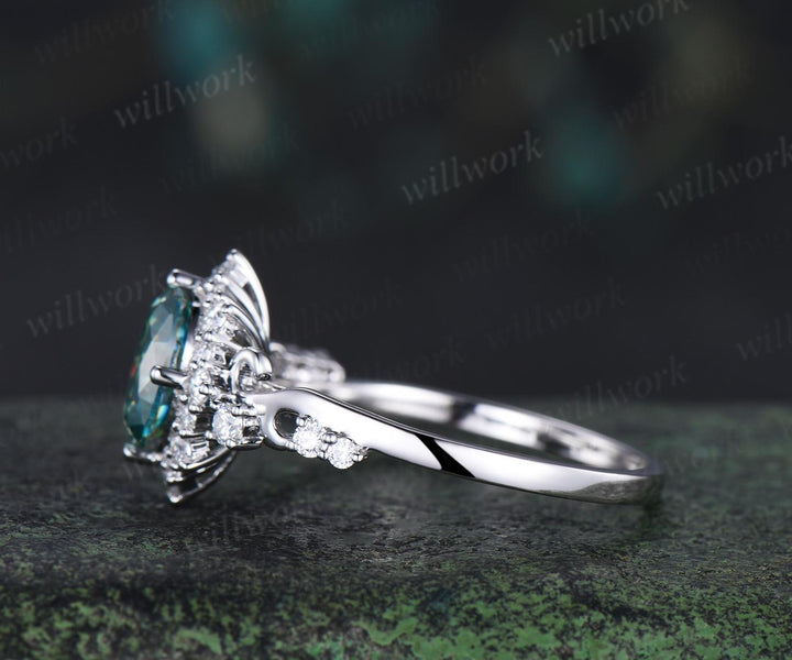 Vintage oval green moissanite engagement ring halo diamond ring 14k white gold art deco unique bridal promise ring women jewelry