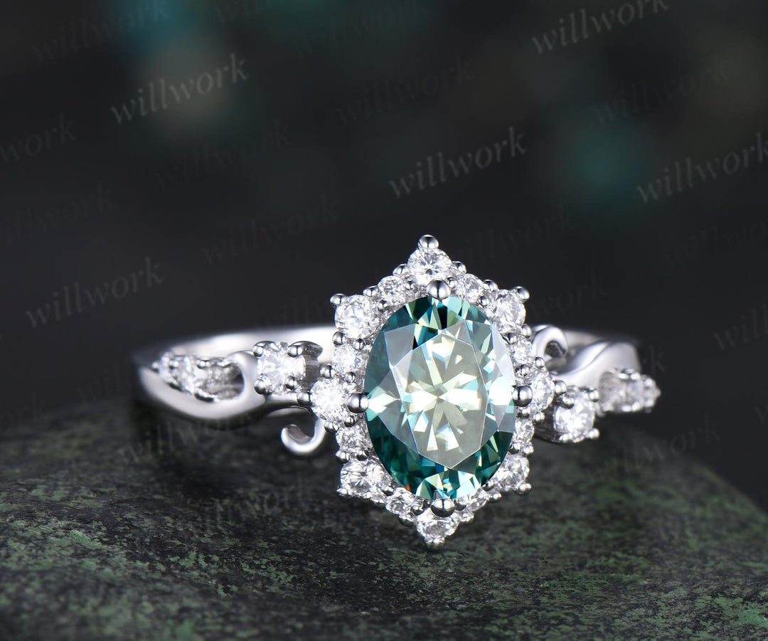 Vintage oval green moissanite engagement ring halo diamond ring 14k white gold art deco unique bridal promise ring women jewelry