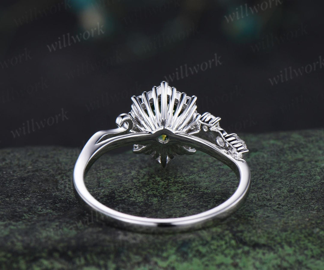 Vintage oval green moissanite engagement ring halo diamond ring 14k white gold art deco unique bridal promise ring women jewelry
