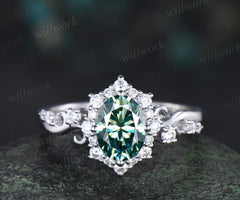 Vintage oval green moissanite engagement ring halo diamond ring 14k white gold art deco unique bridal promise ring women jewelry