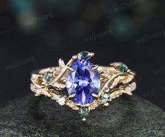 Oval cut natural tanzanite engagement ring set art deco leaf nature inspired moss agate bridal wedding ring set women