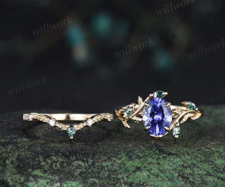 Oval cut natural tanzanite engagement ring set art deco leaf nature inspired moss agate bridal wedding ring set women