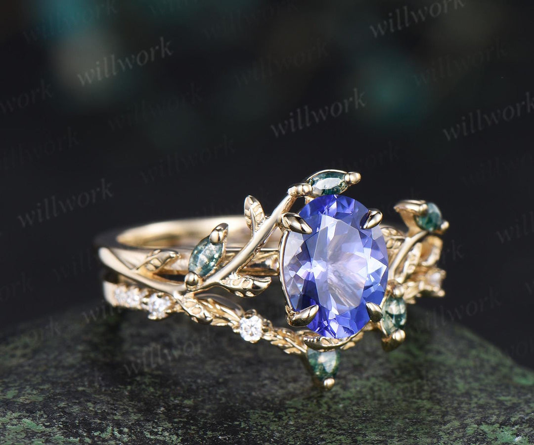 Oval cut natural tanzanite engagement ring set art deco leaf nature inspired moss agate bridal wedding ring set women