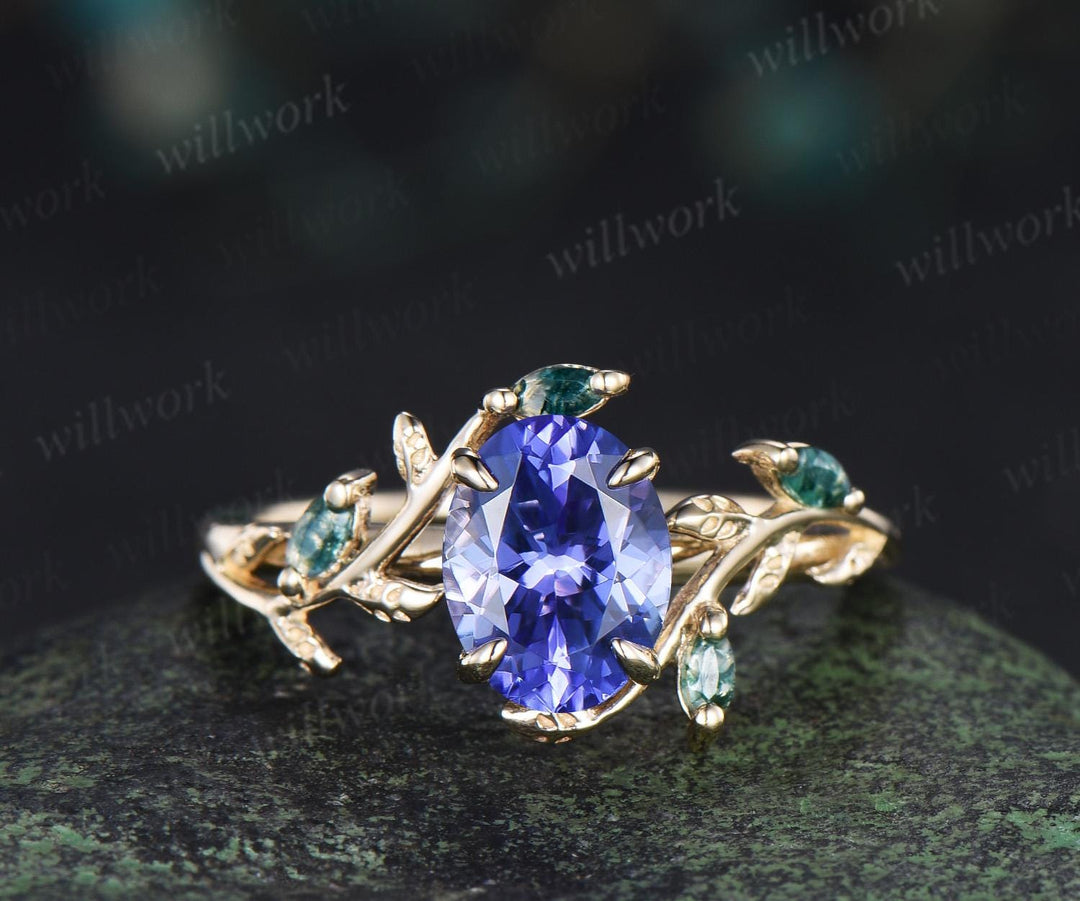 Oval cut natural tanzanite engagement ring set art deco leaf nature inspired moss agate bridal wedding ring set women