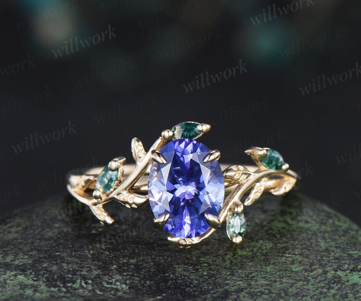 Oval cut natural tanzanite engagement ring set art deco leaf nature inspired moss agate bridal wedding ring set women