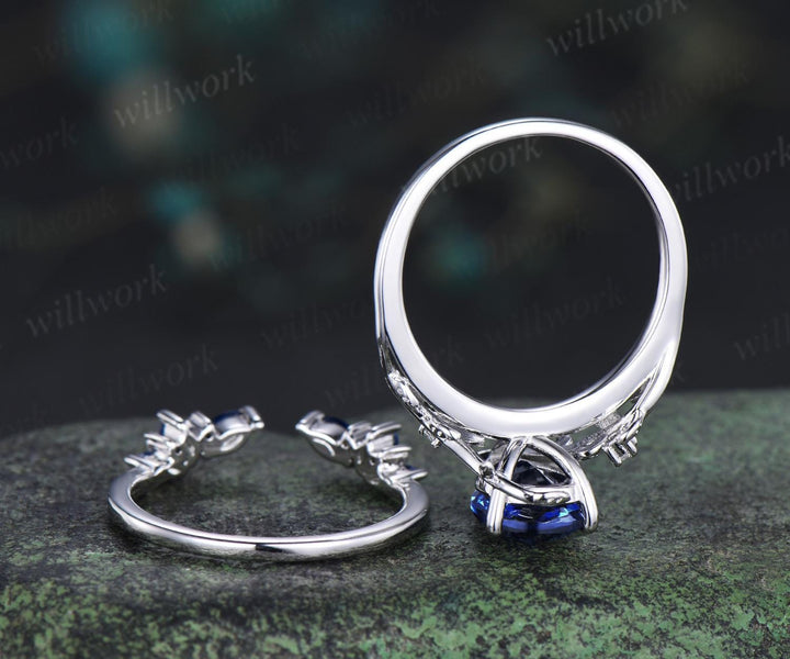 Pear blue sapphire leaf engagement ring set nature inspired big sapphire bridal set women jewelry