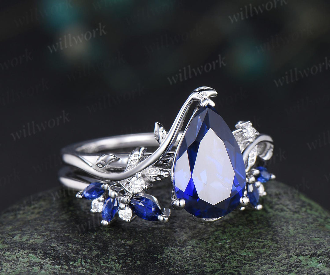 Pear blue sapphire leaf engagement ring set nature inspired big sapphire bridal set women jewelry