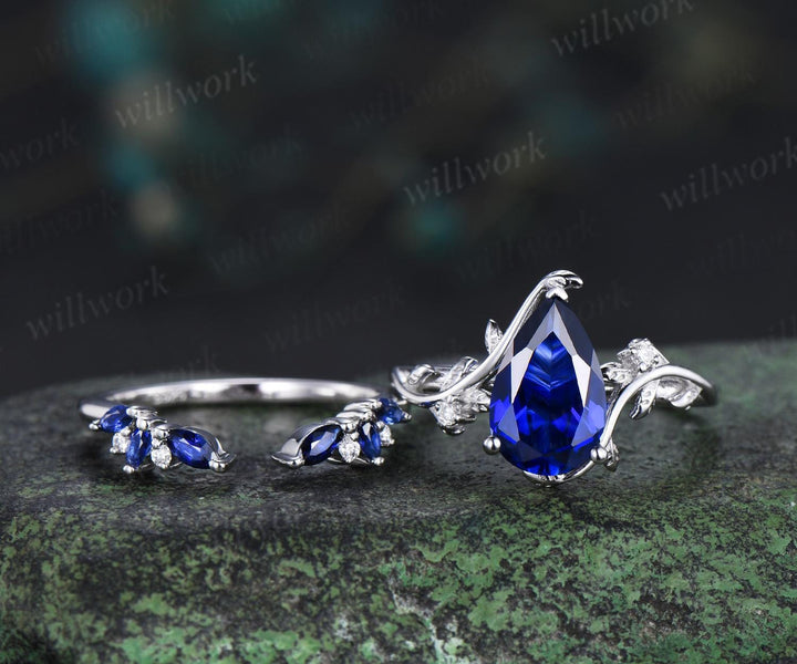 Pear blue sapphire leaf engagement ring set nature inspired big sapphire bridal set women jewelry