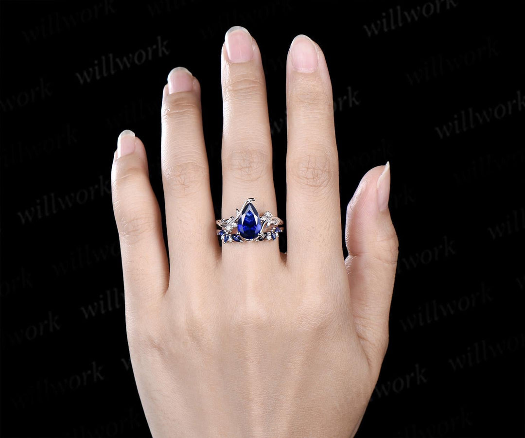 Pear blue sapphire leaf engagement ring set nature inspired big sapphire bridal set women jewelry