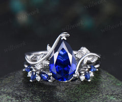 Pear blue sapphire leaf engagement ring set nature inspired big sapphire bridal set women jewelry