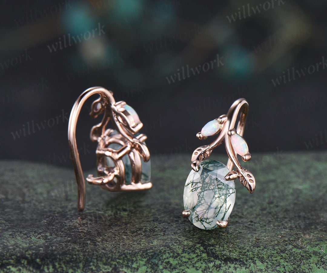 Oval cut natural moss agate earrings solid 14k rose gold vintage leaf marquise opal drop earrings women anniversary gift jewelry