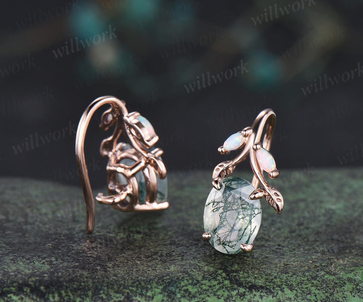 Oval cut natural moss agate earrings solid 14k rose gold vintage leaf marquise opal drop earrings women anniversary gift jewelry