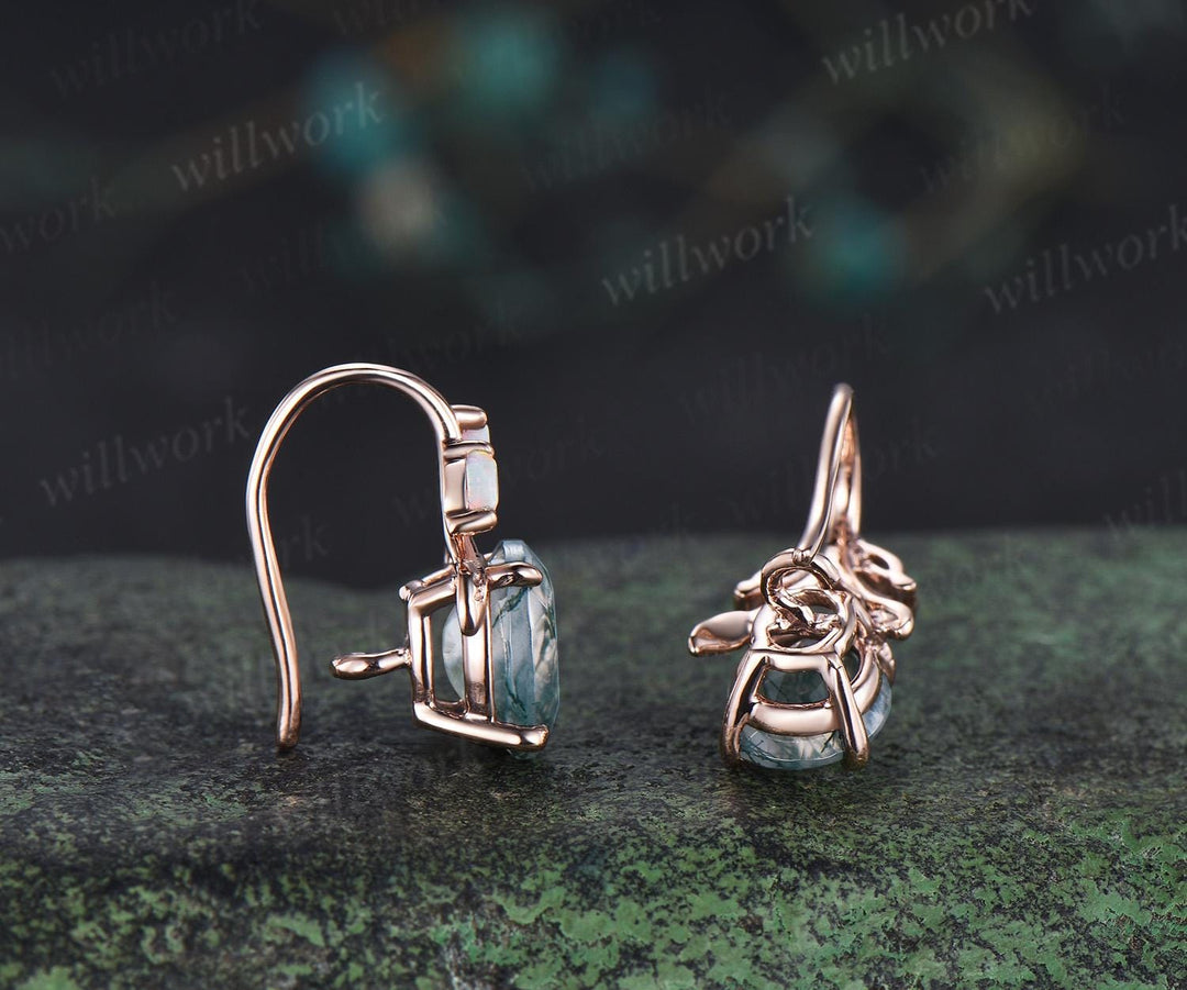Oval cut natural moss agate earrings solid 14k rose gold vintage leaf marquise opal drop earrings women anniversary gift jewelry