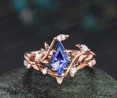 Vintage kite cut tanzanite engagement ring 14k rose gold leaf nature inspired ring women unique cluster diamond bridal promise ring set