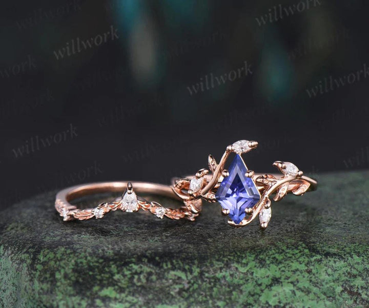 Vintage kite cut tanzanite engagement ring 14k rose gold leaf nature inspired ring women unique cluster diamond bridal promise ring set